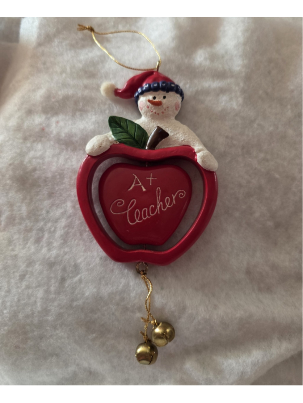 Vtg Teacher Apple Snowman Christmas Ornament